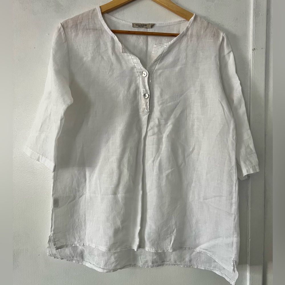 White Linen 3/4 Sleeve Boxy Blouse with Mandarin Collar